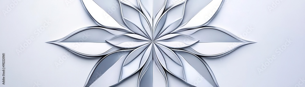 Symmetrical mandala with geometric shapes and sharp lines, reflecting in metallic textures, 3D rendering, monochromatic silver