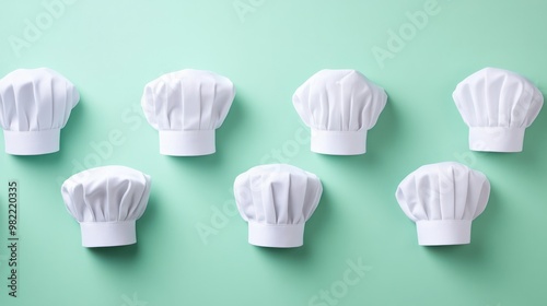 A series of white chef hats on a pastel green background, representing professionalism and skill in the kitchen.