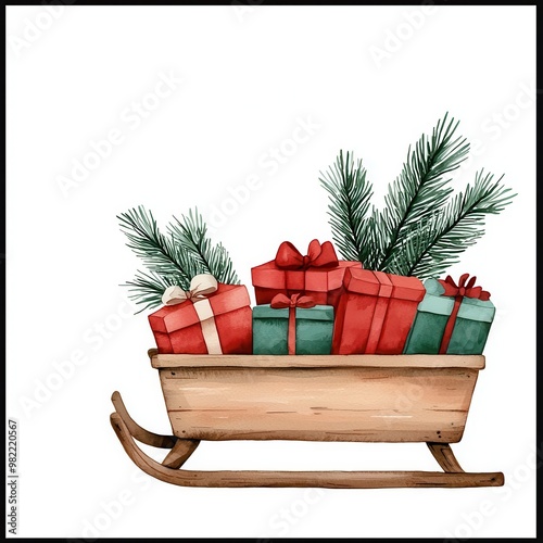 A wooden farm sled filled with Christmas gifts, snow falling, watercolor illustration, isolated on white background