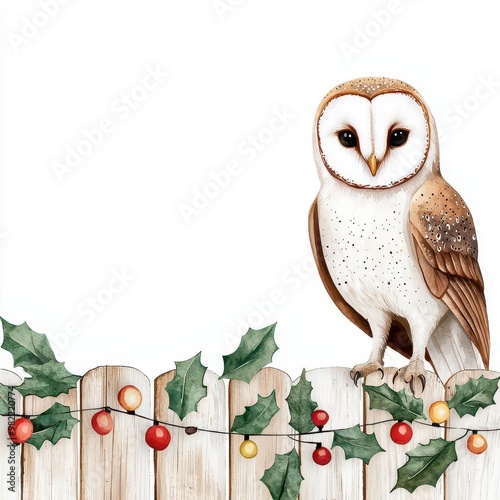 A barn owl perched on a snowy fence with holiday lights, watercolor illustration, isolated on white background