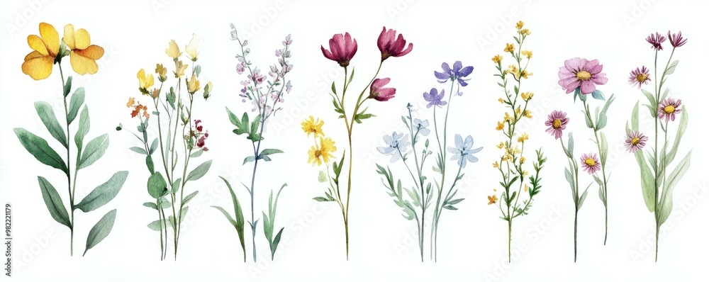 A beautiful collection of hand-drawn wildflowers, showcasing vibrant colors and delicate details, perfect for floral designs. A beautiful collection of hand-drawn wildflowers, showcasing vibrant colors and delicate details, perfect for floral designs.
