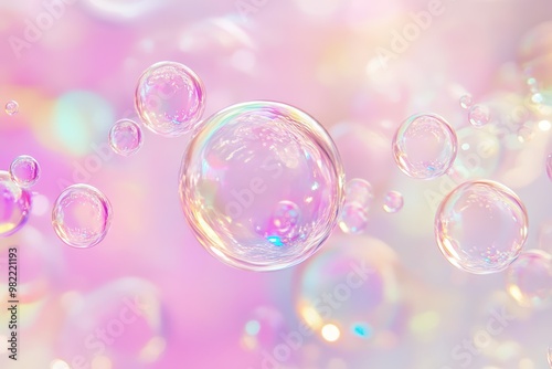 Rainbow gradient bubbles floating on a vibrant abstract background with light reflections and bokeh effect - Generative ai. Beautiful simple AI generated image