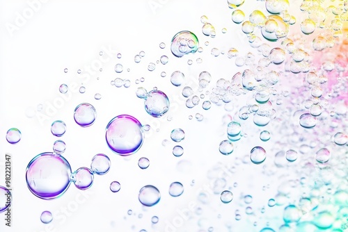 Rainbow gradient bubbles floating on a vibrant abstract background with light reflections and bokeh effect - Generative ai. Beautiful simple AI generated image photo