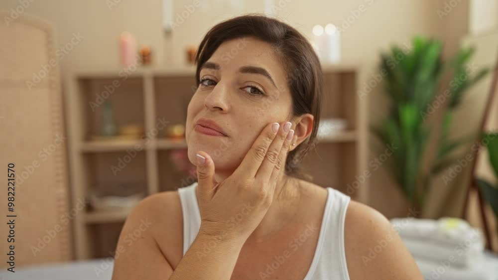 Woman applying skincare in a serene spa room with elegant decor and soft lighting
