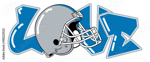 Love - blue and silver football player helmet, sport vector graphics, hockey, for street art - graffiti lettering typography - art illustration - multicolor - writen Word -			