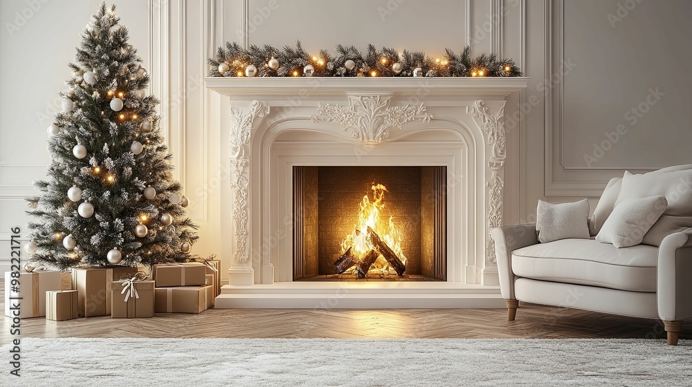 A Decorated Fireplace with a Christmas Tree and Gifts in a Cozy Living Room A Decorated Fireplace with a Christmas Tree and Gifts in a Cozy Living Room