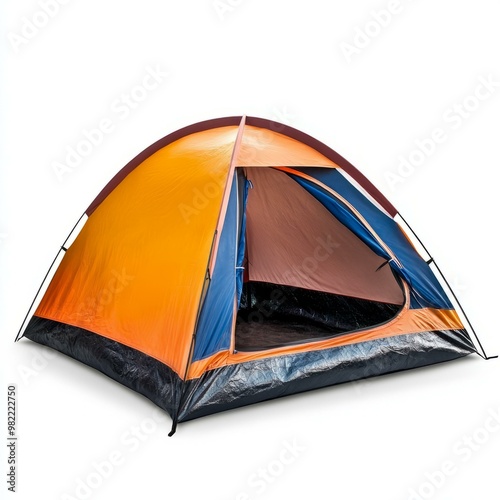 A vibrant camping tent showcasing orange and blue colors, perfect for outdoor adventures and nature exploration.