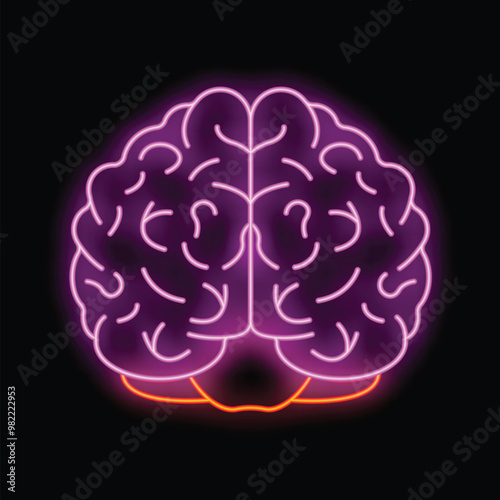 Glowing neon purple brain sign on black background representing concepts such as thought, creativity, and intelligence