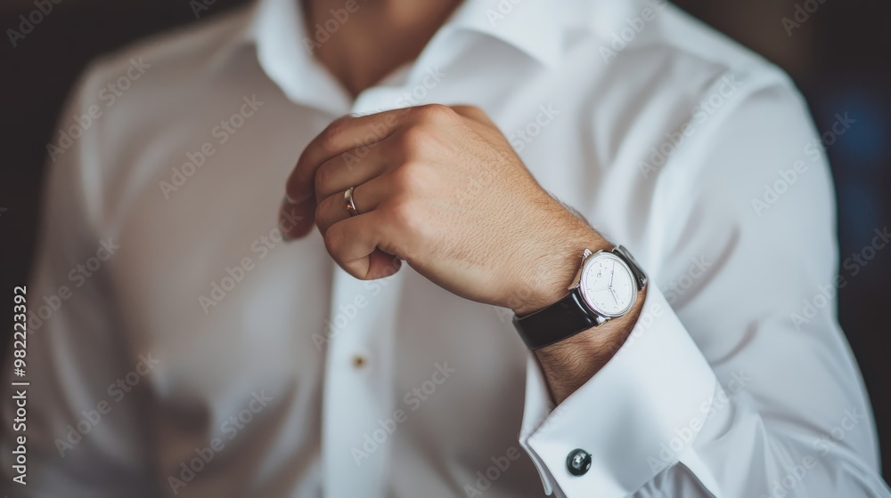Groom's Wedding Day Preparation: Elegant Man Fastening Cufflinks - Formal Attire for Special Occasion Groom's Wedding Day Preparation: Elegant Man Fastening Cufflinks - Formal Attire for Special Occasion