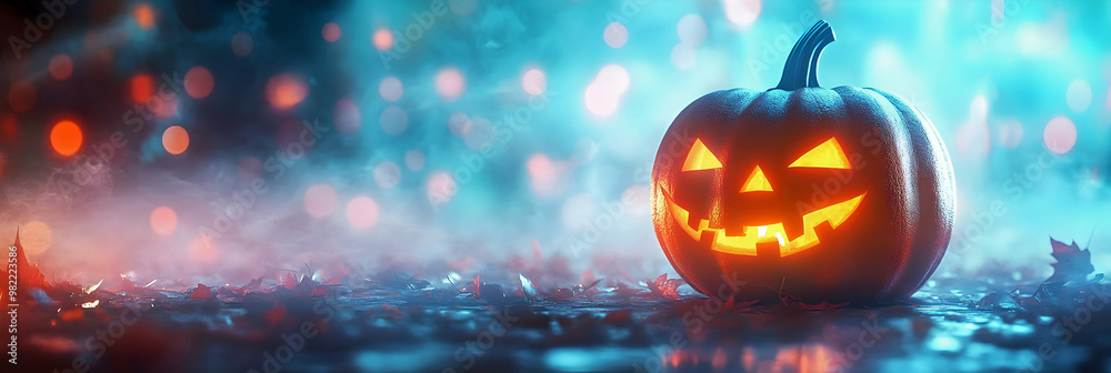 Fototapeta premium halloween jack o lantern pumpkin on a bokeh background with copy space, ai generated.