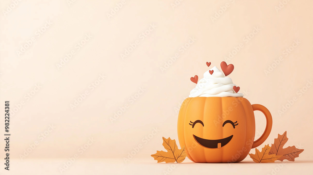Fototapeta premium Pumpkin spice latte in a cute smiling pumpkin mug, whipped cream on top with hearts and fall leaves around, warm and whimsical illustration, copy space
