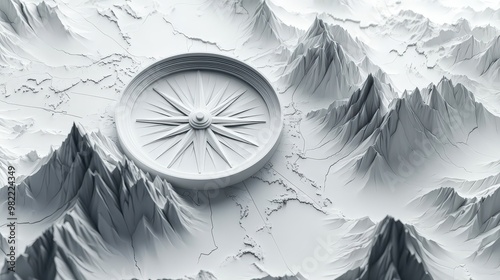 White Compass on 3D Mountain Terrain  Navigation and Direction Concept