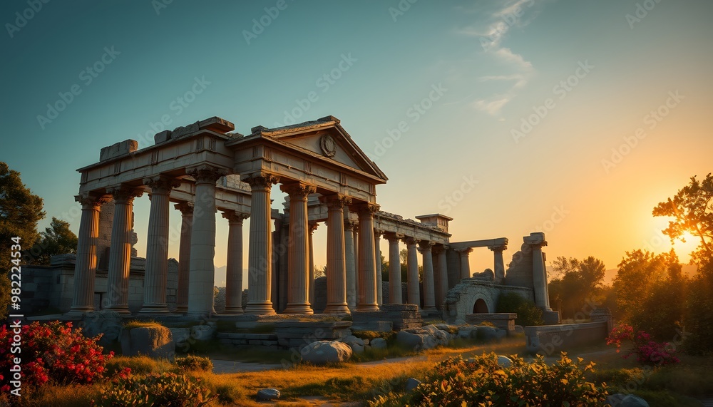 Obraz premium Ancient Ruins of a Roman Temple at Sunset