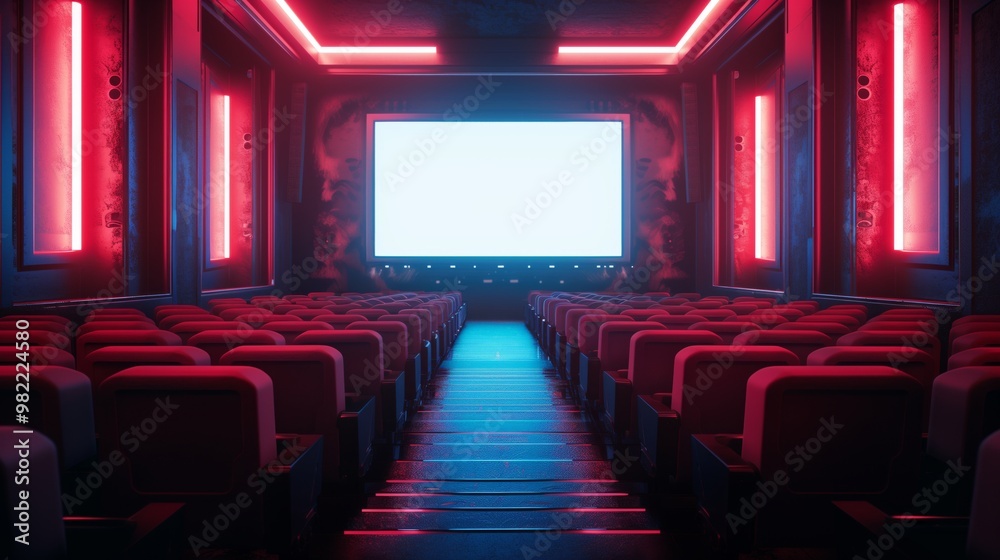 Fototapeta premium Modern Cinema Theater with Neon Lights and Empty Seats, Perfect for Movie Promotions and Entertainment Venues.