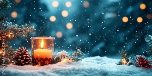Burning candles with fir branches and pine cones on snowy background. Pagan New Year celebration concept. Image for greeting card and banner with copy space. 
