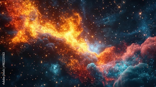 Abstract cosmic nebula with bright orange and blue clouds of gas and dust in a dark starry night sky.