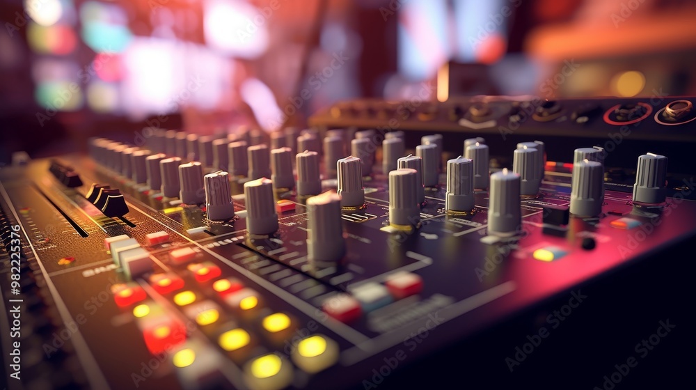 A black and white image of a sound board with a yellow button in the middle A black and white image of a sound board with a yellow button in the middle
