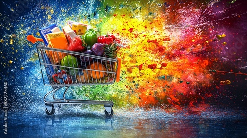 A detailed vector art of a shopping cart with products overflowing and discount percentages hanging from the sides. The design is sleek and vibrant, perfect for illustrating a sale promotion. Large