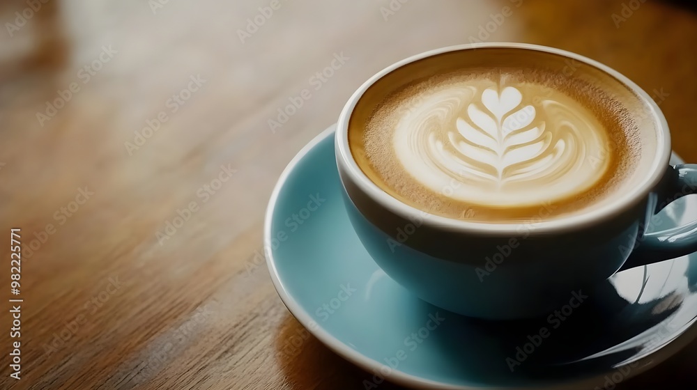 A beautifully crafted latte with a leaf design, served in a blue cup on a wooden table, perfect for coffee lovers. A beautifully crafted latte with a leaf design, served in a blue cup on a wooden table, perfect for coffee lovers.
