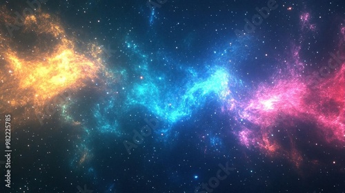 A stunning abstract space background with bright nebulas in blue, pink, and yellow. The image is filled with a vast expanse of stars and a few brighter stars.