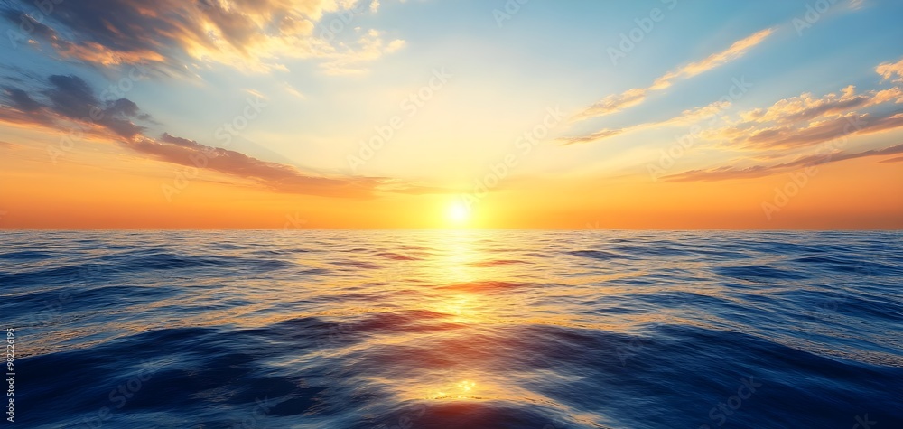 Obraz premium A breathtaking sunset over the calm ocean, with vibrant colors reflecting on the water's surface, creating a serene atmosphere.