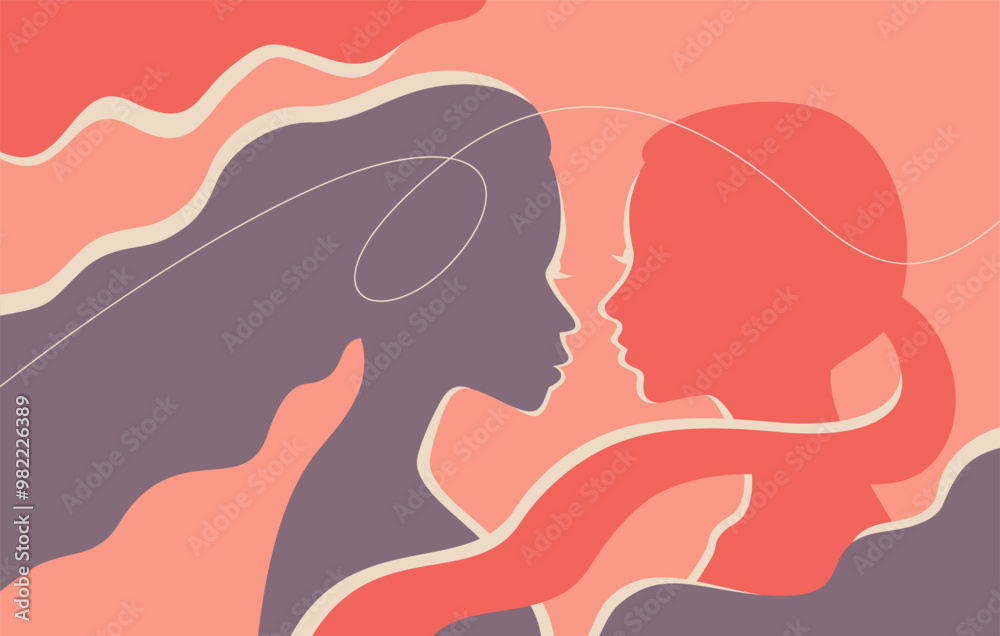 Women couple silhouettes face-to-face, calligraphic style Women couple silhouettes face-to-face, calligraphic style