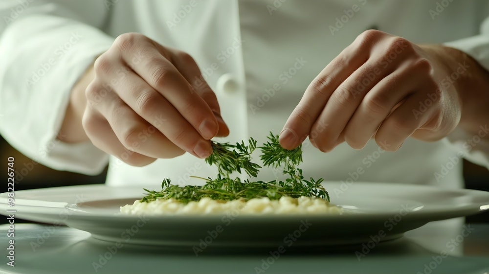 A chef carefully garnishes a creamy dish with fresh herbs, showcasing culinary artistry and attention to detail. A chef carefully garnishes a creamy dish with fresh herbs, showcasing culinary artistry and attention to detail.
