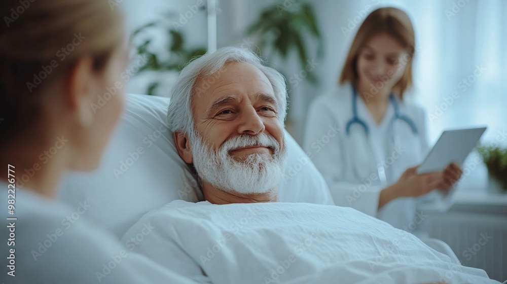 Obraz premium A middle-aged man lying in a hospital bed, recovering from surgery. His family is gathered around him, offering comfort and support while a nurse checks his vitals. Large space for text in center