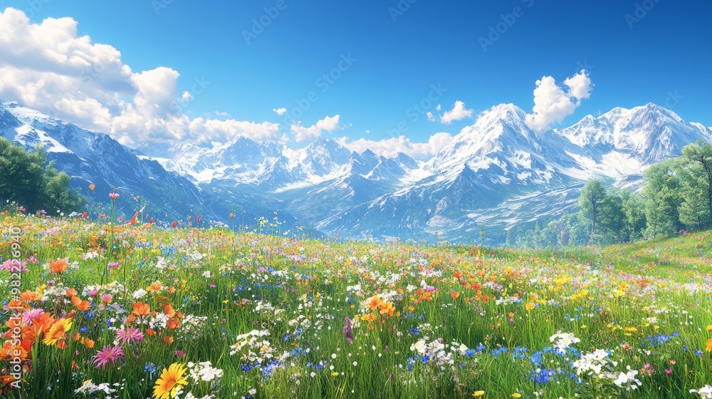 Fototapeta premium Vibrant Wildflower Meadow Against a Snowy Mountain Range
