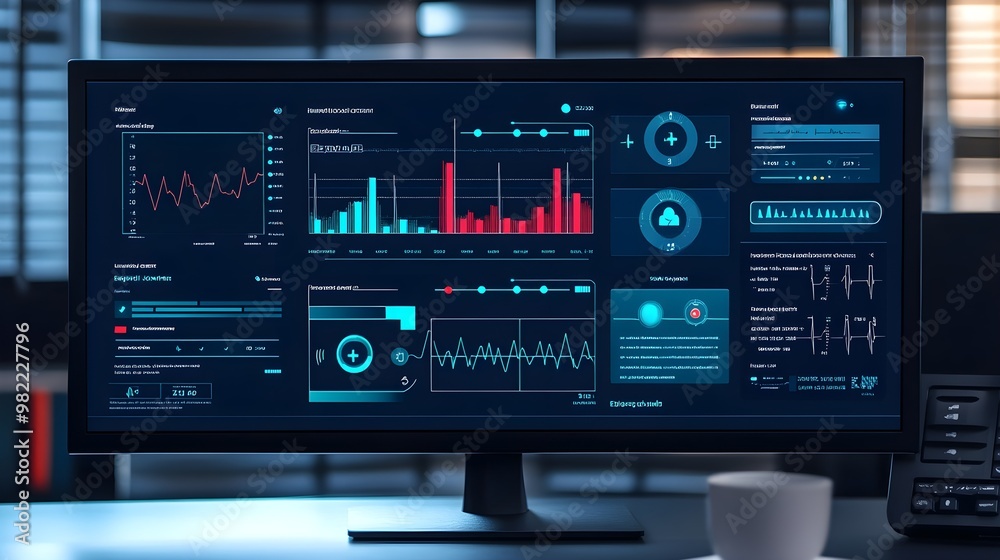 Futuristic Tech Dashboard on Monitor with Data Visualization