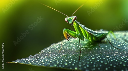 Close-up of a green mantis sitting on a wet leaf, showcasing its intricate features and droplets in a vibrant natural setting. photo