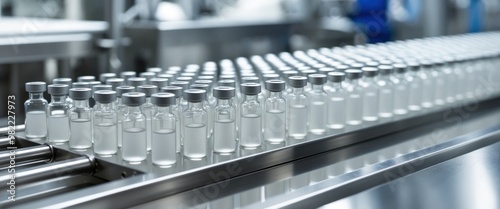 Image showcases vials on a production line in a sterile laboratory, highlighting pharmaceutical manufacturing and advanced technology in healthcare.