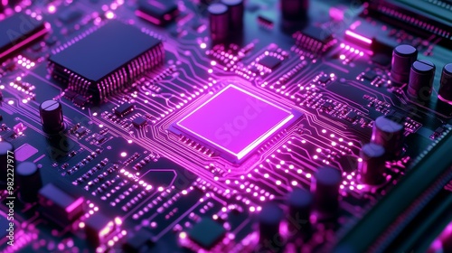 Close-up of a modern circuit board with glowing pink elements, showcasing intricate details and advanced technology.