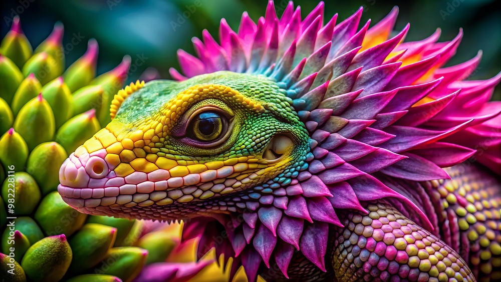 Fototapeta premium Vibrant magenta and yellow skin, green scales, rounded shape, delicate spines, and a partially open flower-like appearance