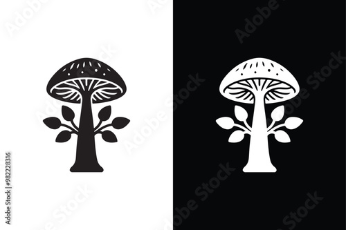 Black and White Beauty Mushroom Silhouette Icon.