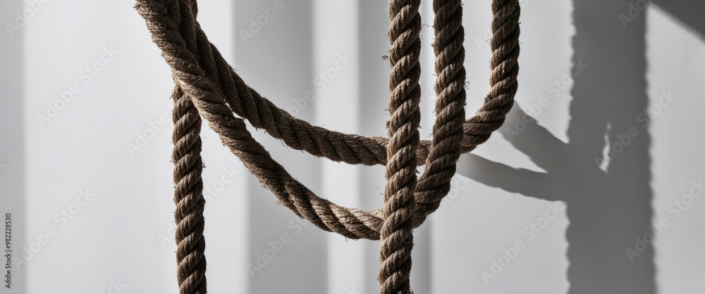 Twisted natural rope hanging against a minimalistic background, showcasing texture and shadow for artistic and decorative applications. Twisted natural rope hanging against a minimalistic background, showcasing texture and shadow for artistic and decorative applications.