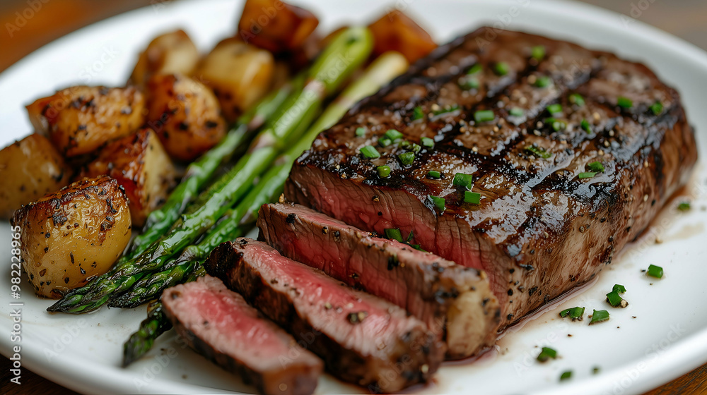 Grilled Steak with Roasted Potatoes and Asparagus - A perfectly grilled medium-rare steak served alongside roasted potatoes and tender asparagus.