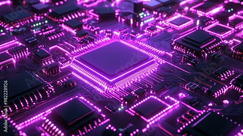 Vibrant close-up of a futuristic circuit board with glowing pink lights and intricate details, representing advanced technology.