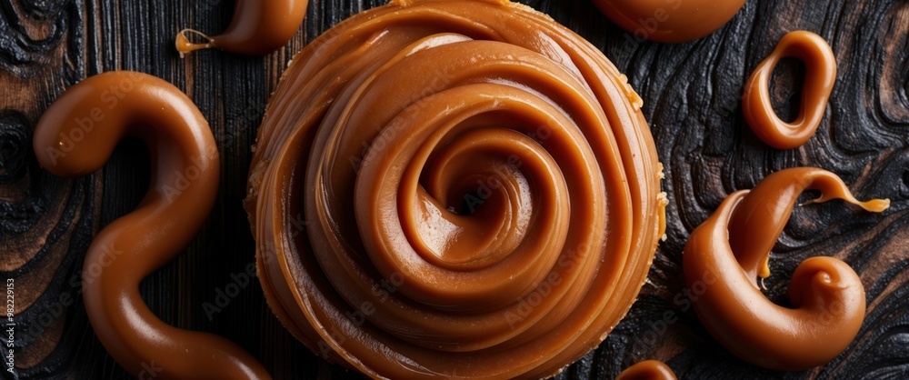 Swirled caramel topping over a decadent cake, showcasing rich textures and inviting flavors. Perfect for celebrations or indulgent treats. Swirled caramel topping over a decadent cake, showcasing rich textures and inviting flavors. Perfect for celebrations or indulgent treats.