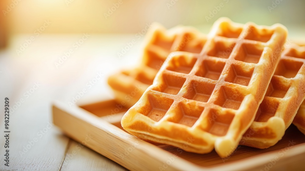 Freshly made waffles served on a wooden platter, showcasing a golden-brown finish in warm morning light. Freshly made waffles served on a wooden platter, showcasing a golden-brown finish in warm morning light.