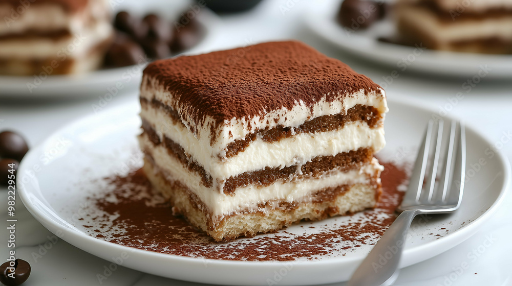 A slice of rich and creamy tiramisu layered with coffee-soaked ladyfingers and mascarpone, topped with a generous dusting of cocoa powder. The perfect indulgent Italian dessert. A slice of rich and creamy tiramisu layered with coffee-soaked ladyfingers and mascarpone, topped with a generous dusting of cocoa powder. The perfect indulgent Italian dessert.