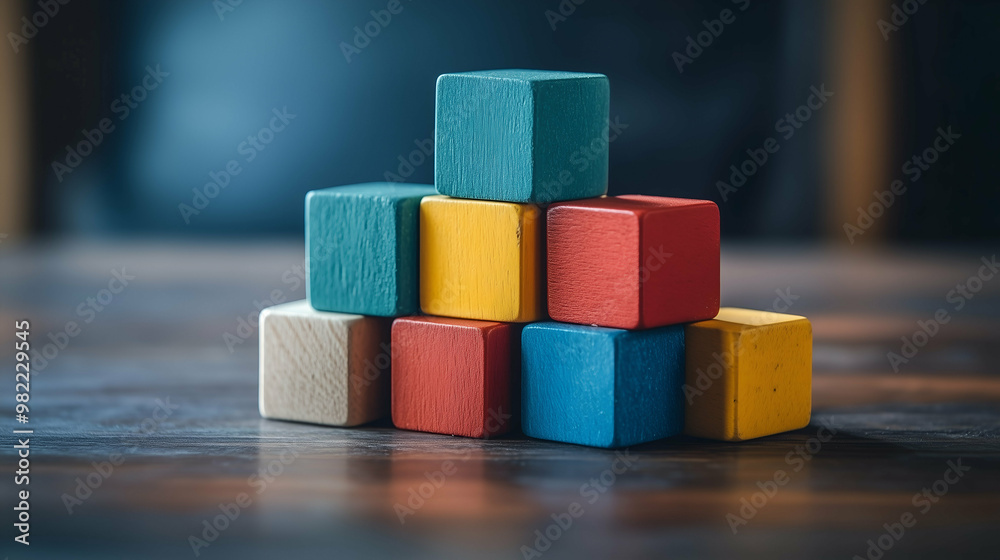 A small pyramid of colorful wooden building blocks in blue, red, yellow, and beige tones, arranged on a wooden surface. These simple and classic toys inspire creativity and coordination for children. A small pyramid of colorful wooden building blocks in blue, red, yellow, and beige tones, arranged on a wooden surface. These simple and classic toys inspire creativity and coordination for children.