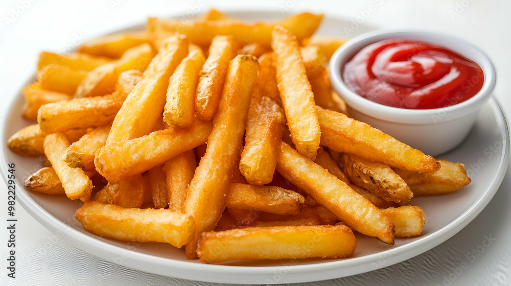 A plate of crispy golden French fries, perfectly seasoned and served with a side of ketchup. The crunchy exterior and fluffy interior make this a classic and satisfying snack or side dish. A plate of crispy golden French fries, perfectly seasoned and served with a side of ketchup. The crunchy exterior and fluffy interior make this a classic and satisfying snack or side dish.