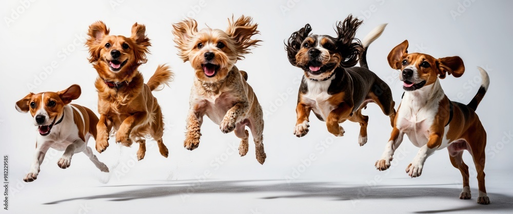 Five playful dogs jump in excitement against a neutral backdrop, capturing joy and energy of canine companions. Ideal for pet-related content. Five playful dogs jump in excitement against a neutral backdrop, capturing joy and energy of canine companions. Ideal for pet-related content.