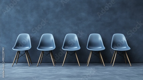 Five Blue Chairs Against a Blue Wall