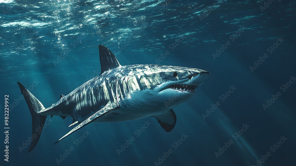 Fototapeta premium Shark with open mouth and dark sea, Generative AI