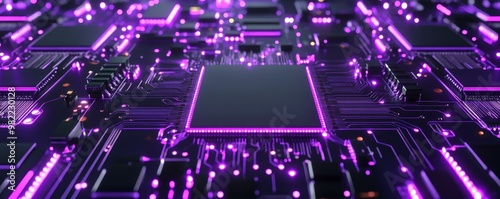 A stunning close-up of a futuristic circuit board with glowing purple lights, showcasing intricate technology and design.
