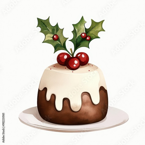 Christmas pudding clipart, with holly on top, watercolor illustration, rich tones, isolated on white background