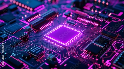 A vibrant close-up of a modern microchip, showcasing intricate circuitry and glowing neon elements, reflecting technology's advancement.