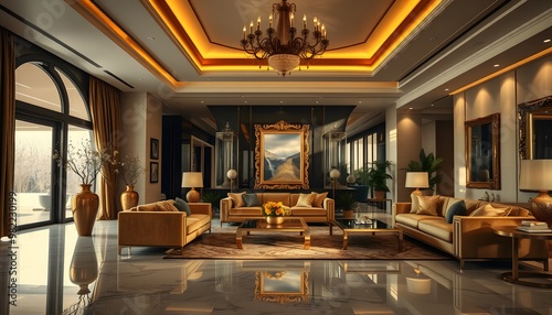 Luxurious Living Room with Gold Accents and Chandelier